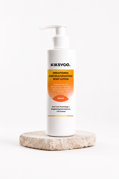 Kiksyco Brightening and Rejuvenating Body Lotion, a hydrating and evening body cream designed specifically for melanin-rich skin.