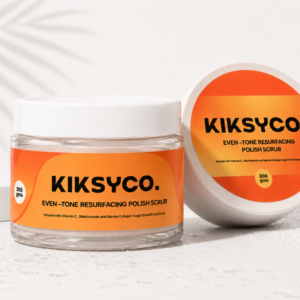 Kiksyco Tone Prep Resurfacing Polish Scrub in premium packaging, a gentle exfoliating body polish designed to prep and even out melanated skin tones.